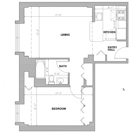 Floor plan for 1 bed, 1 bath, 667 sqft